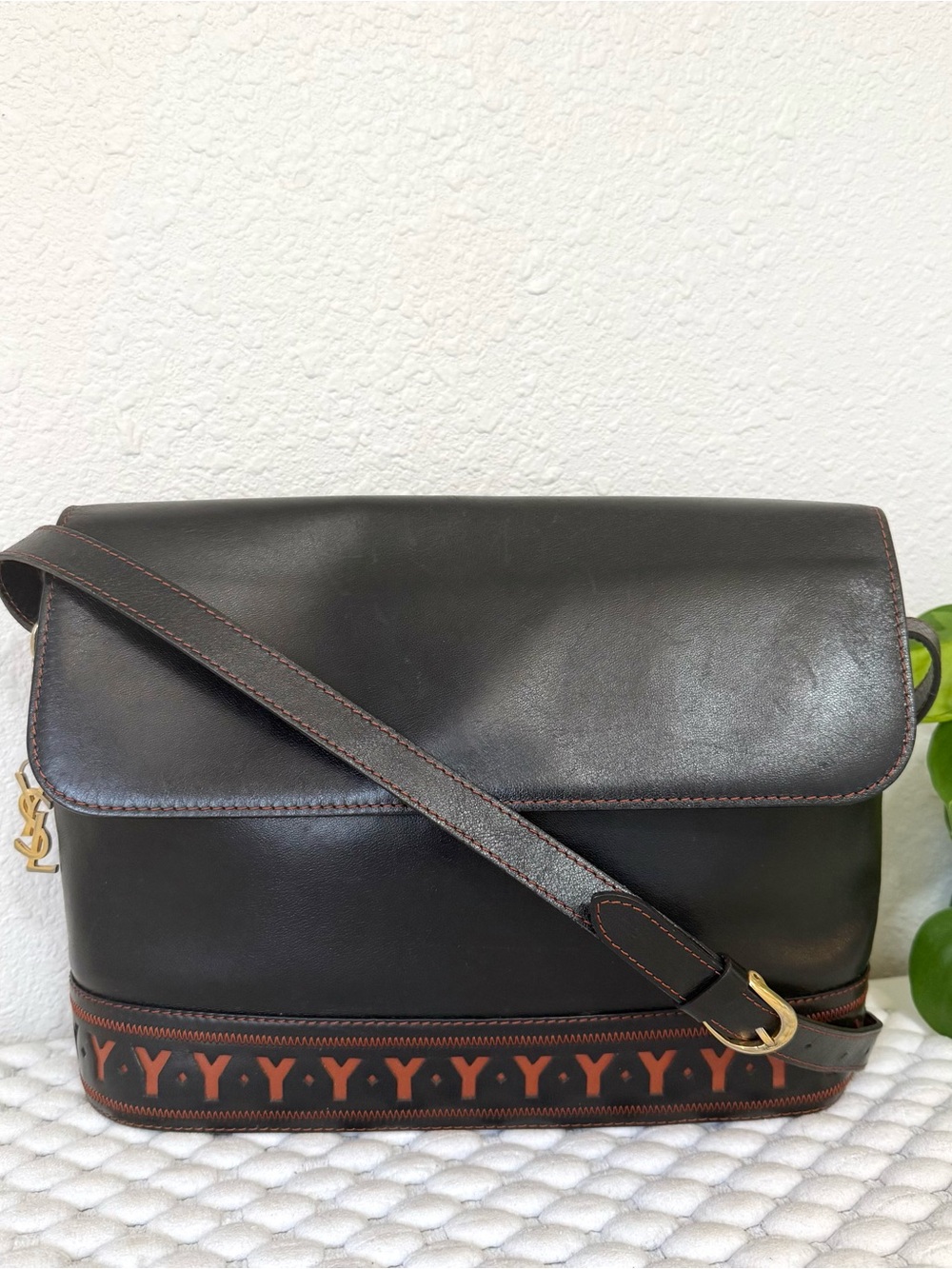 YSL Yves Saint Laurent Crossbody Shoulder Bag Leather Black Orange